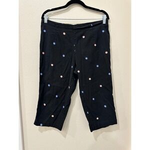 Y2K White Stag Womens Black Embroidered Floral Capri Pants Elastic Waist Size 10